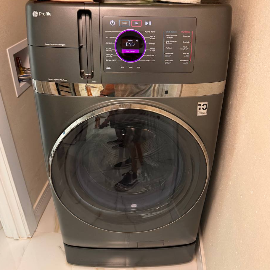 GE Profile front-load washing machine with detergent dispenser drawer in Pembroke Pines, FL